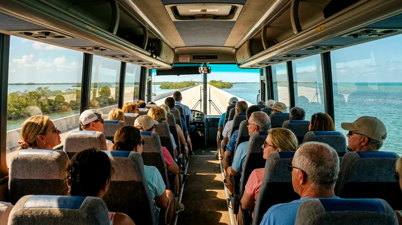 Tour coach passengers seated inside heading south on the Overseas Highway toward Key West