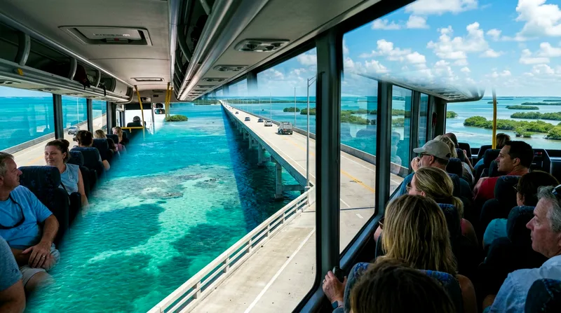 Passengers in a tour bus looking out windows at turquoise water during the crossing of the Seven Mile Bridge