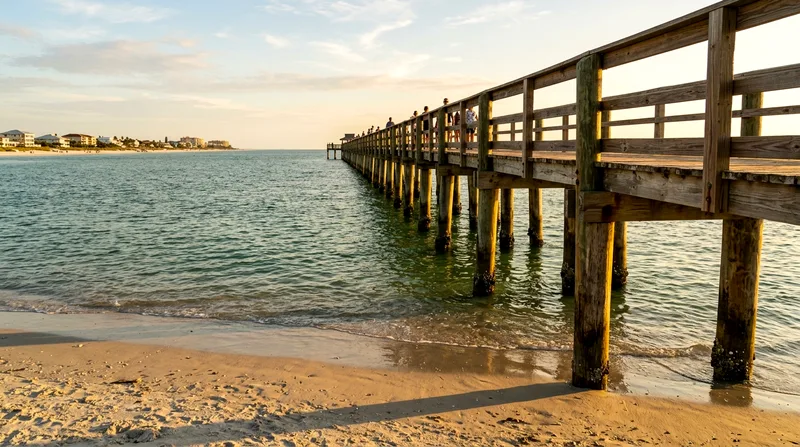 Naples pier at sunset extending into calm Gulf of Mexico waters.