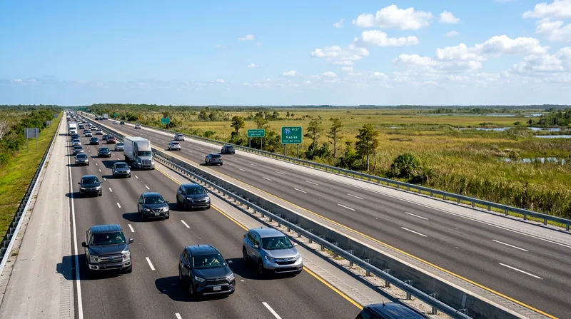 I-75 highway traffic heading from Miami toward Naples through the Everglades