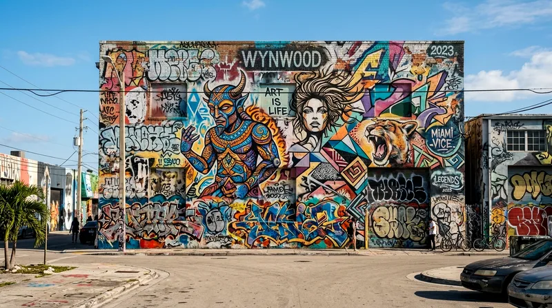 Layered street art mural covering Wynwood wall with tags, stencils, and character art in vivid colors.