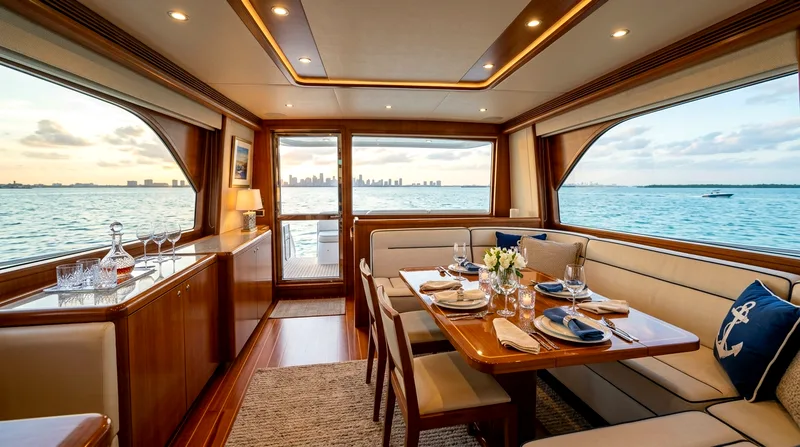 Motor yacht salon interior with upholstered seating, dining table, and windows framing Biscayne Bay
