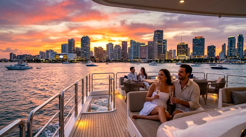 Sunset view from the deck of a chartered yacht on a Miami sunset yacht cruise
