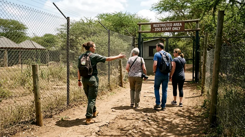 Zookeeper leading small group to a behind-the-scenes animal holding area.