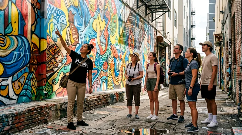 Tour guide pointing out mural details to group in Wynwood alleyway.