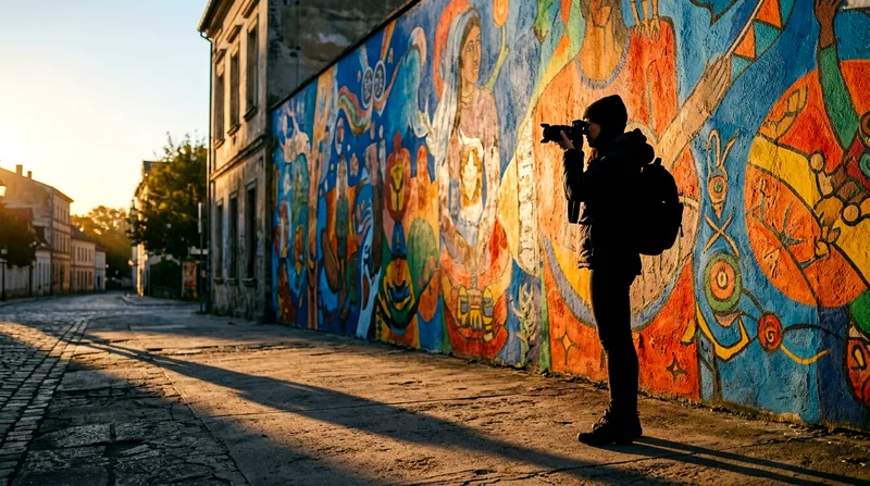 Photographer composing shot of mural in early morning light with long shadows.