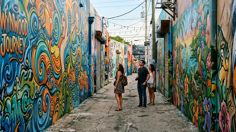 Curved alleyway in Wynwood Walls surrounded by colorful murals on all sides.